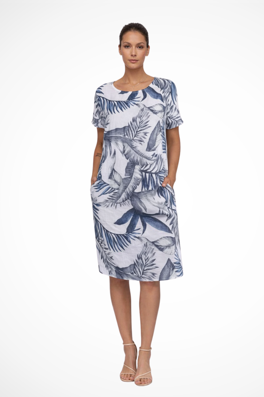 Daphne — Lightweight Cotton Summer Dress With Flowy Relaxed Botanical Print White Blue