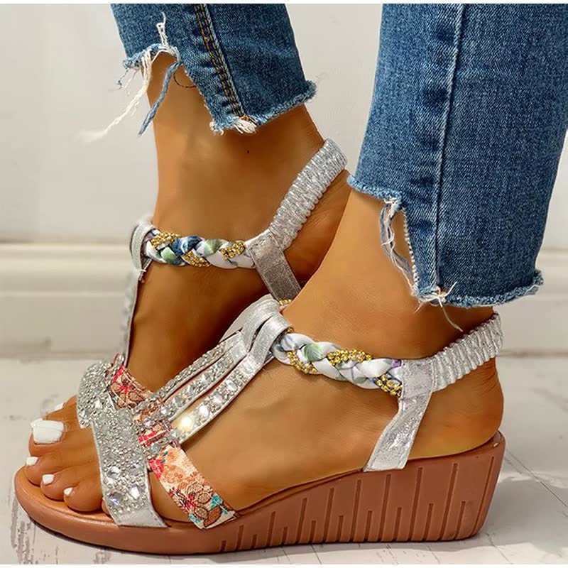 Goldie — Lightweight Elastic Strap Wedge Sandals With Stylish Comfortable Design Silver