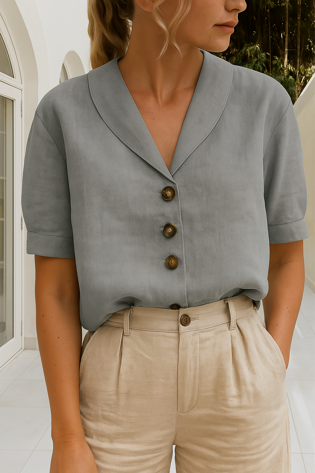 Winnifred — Lightweight White Wrap Blouse With Elegant Long Sleeve Summer Style Grey