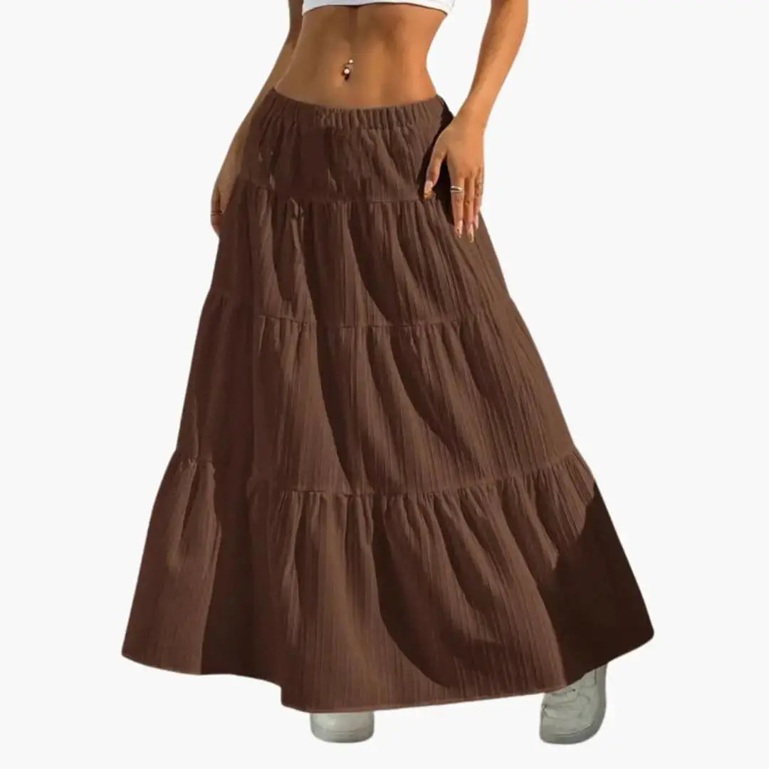 Marisol — Plain Woven Midi Skirt With Stylish Lace-Up Waist Design For Casual Wear Brown