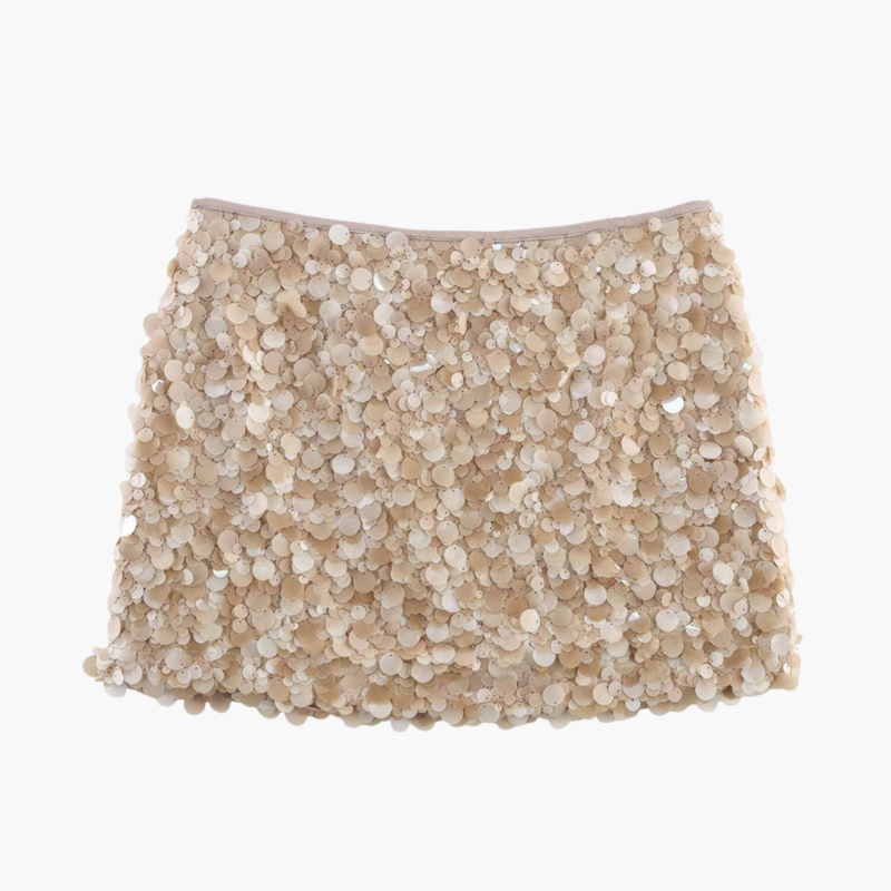 Stardust — Shimmering Sequin Mini Skirt With Fitted Waistband For Elegant Party Wear Cream White