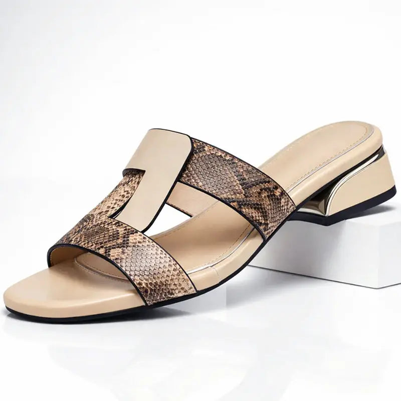 Serpentine — Smooth Leather T-Strap Sandals With Elegant Snake Print Casual Design Beige