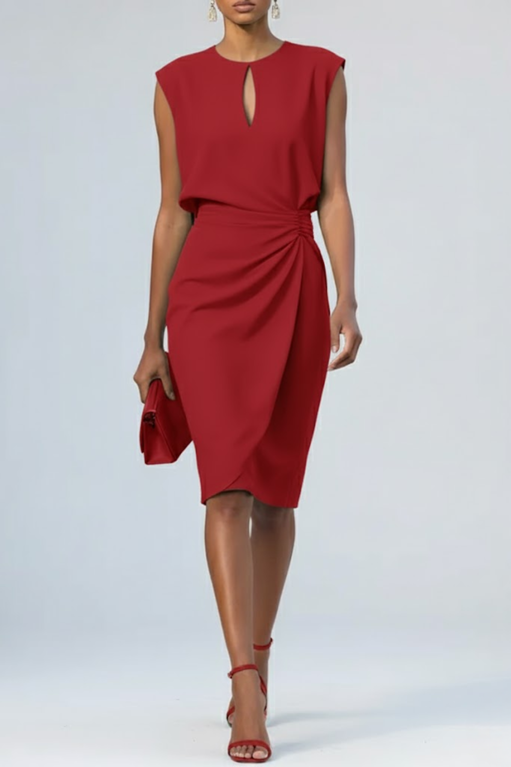 Magnolia — Soft Fabric Midi Dress With Elegant Keyhole Neck And Ruched Waist Red