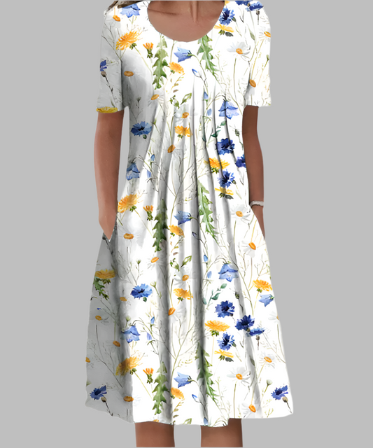 Linnea — Soft Midi Dress With Elegant Flowy Summer Style White with Yellow