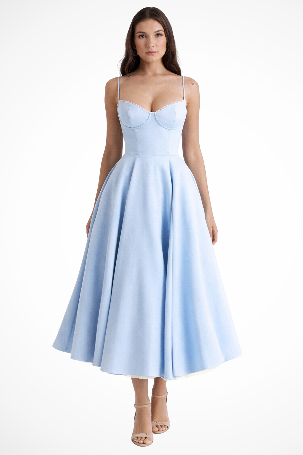 Flaredcorset — Structured Corset Midi Dress With Flared Elegant Formal Gown Design Blue