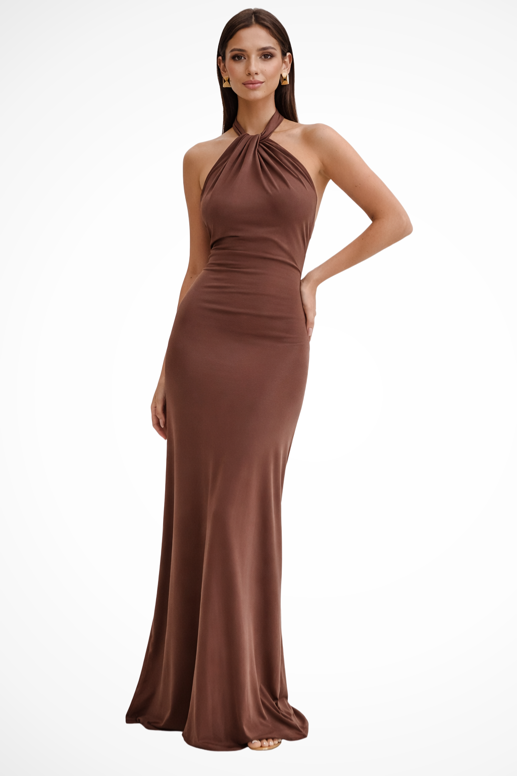 Twistedknot — Twisted Knot Open Back Maxi Dress With Sleek Bodycon Wedding Silhouette Brown