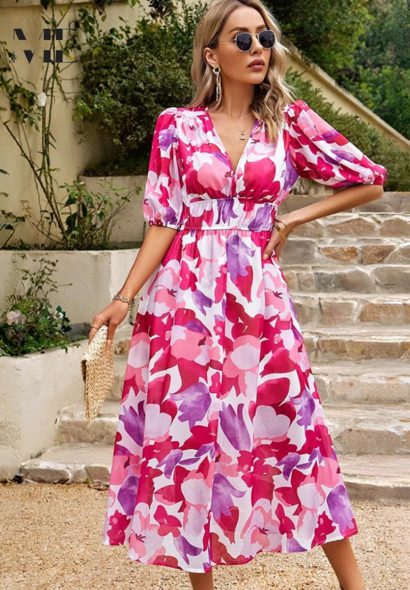 Valentina — Floral Print A-Line Midi Dress With Elegant V-Neck Design Pink