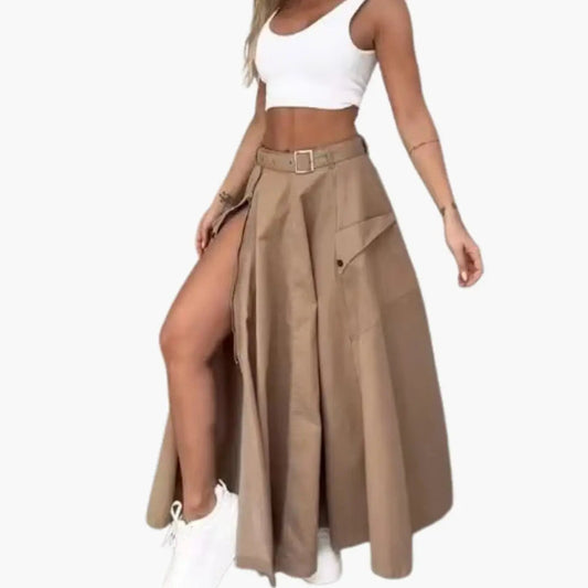 Marisia — Woven Maxi Skirt With Elegant High Slit Design And Side Pockets Khaki