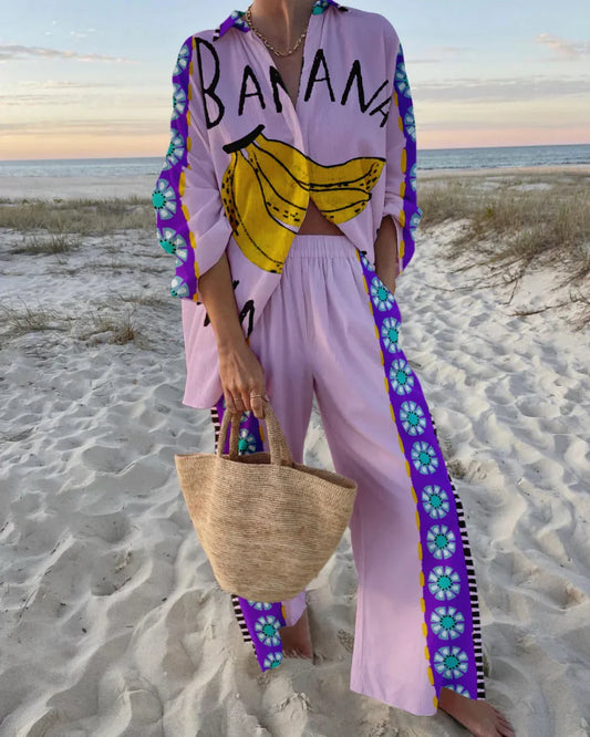 Fun Banana Print Two piece Set Purple
