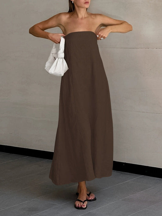 Strapless A-line Linen Long Dress Brown