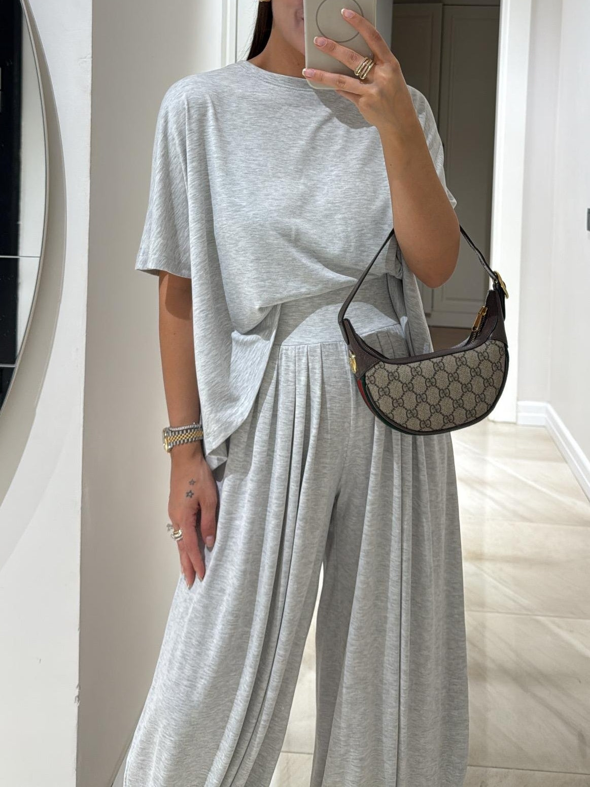 Olivia - Light Grey Casual Top and Wide-leg Pants Set