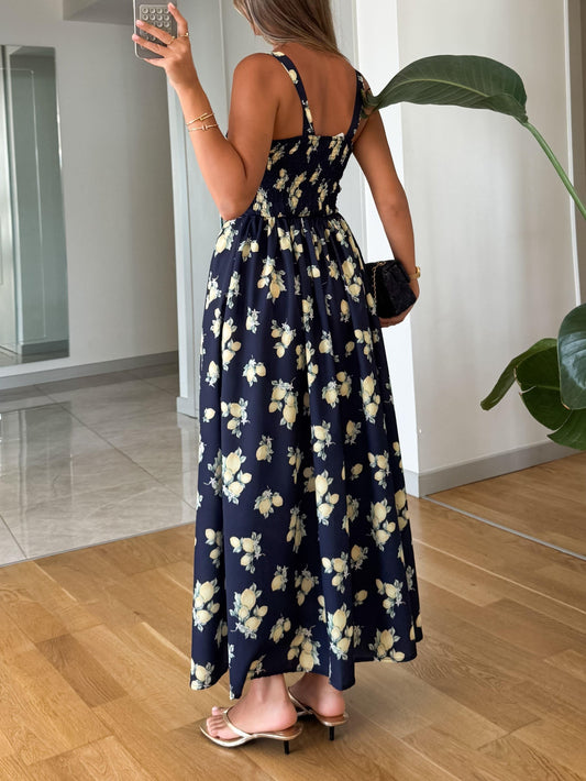 Elegant Navy Blue Printed Suspender Dress