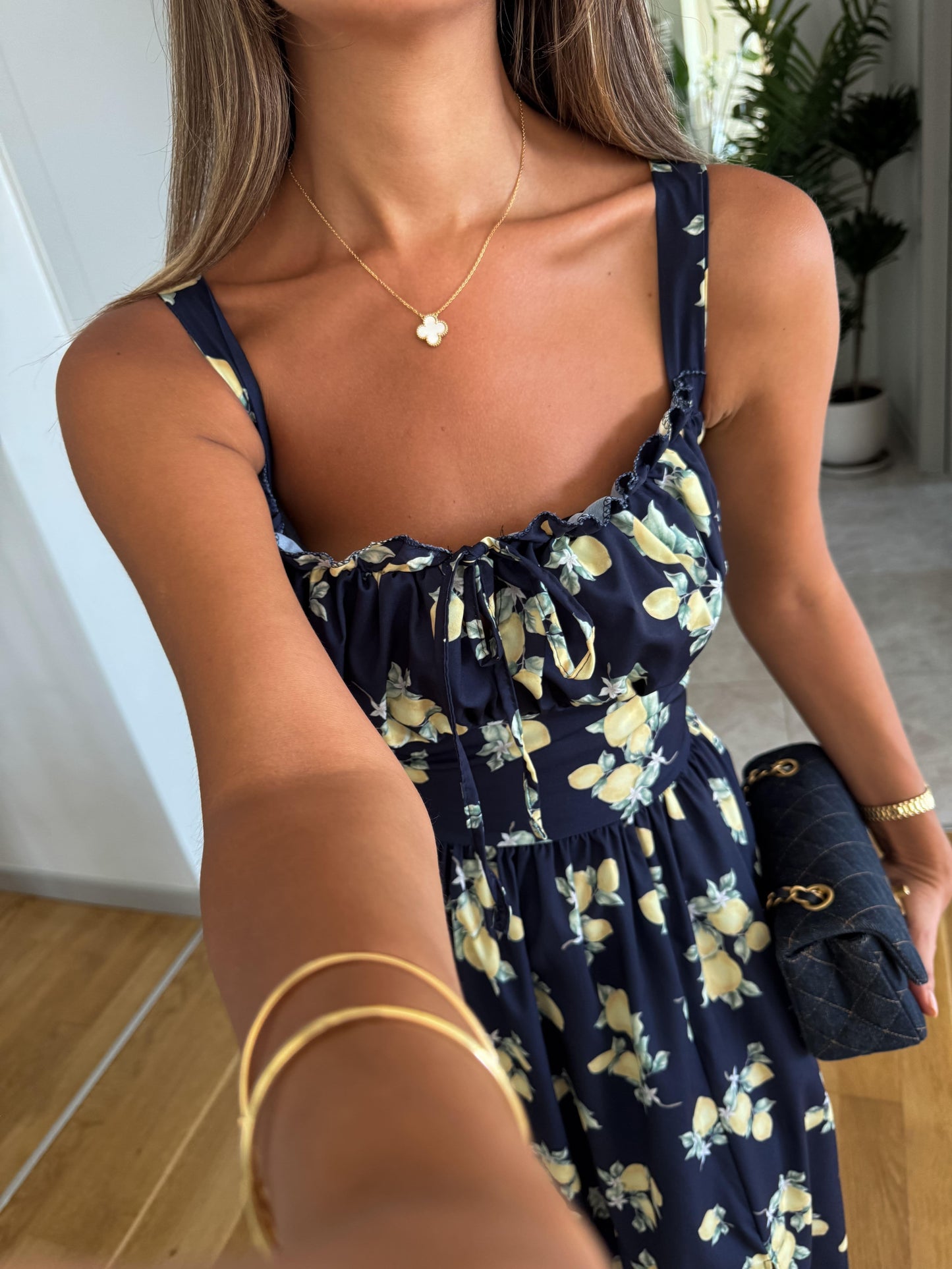 Elegant Navy Blue Printed Suspender Dress