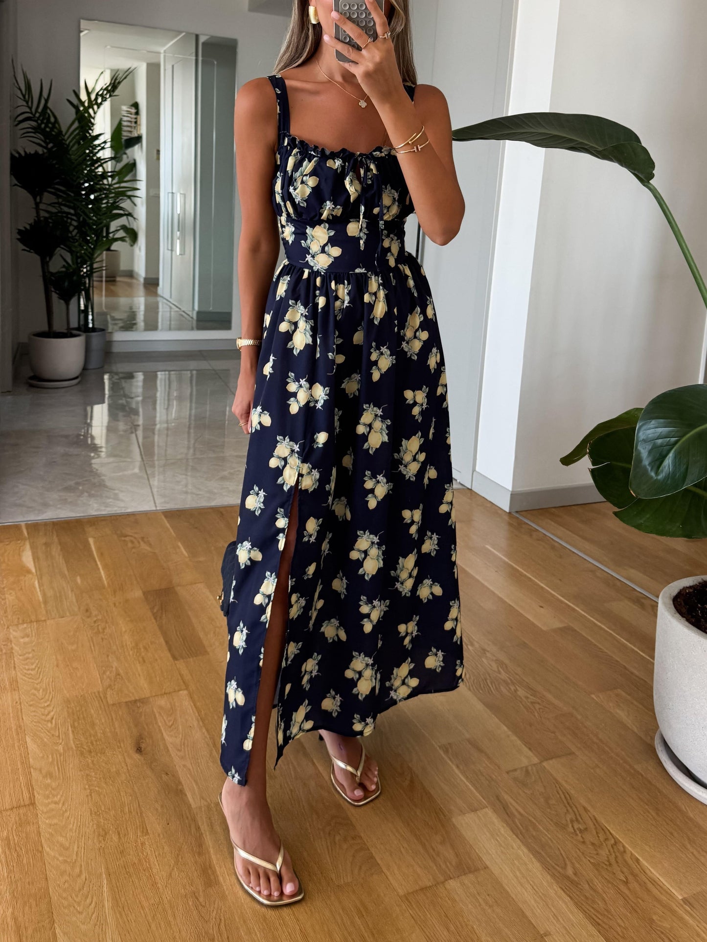 Elegant Navy Blue Printed Suspender Dress