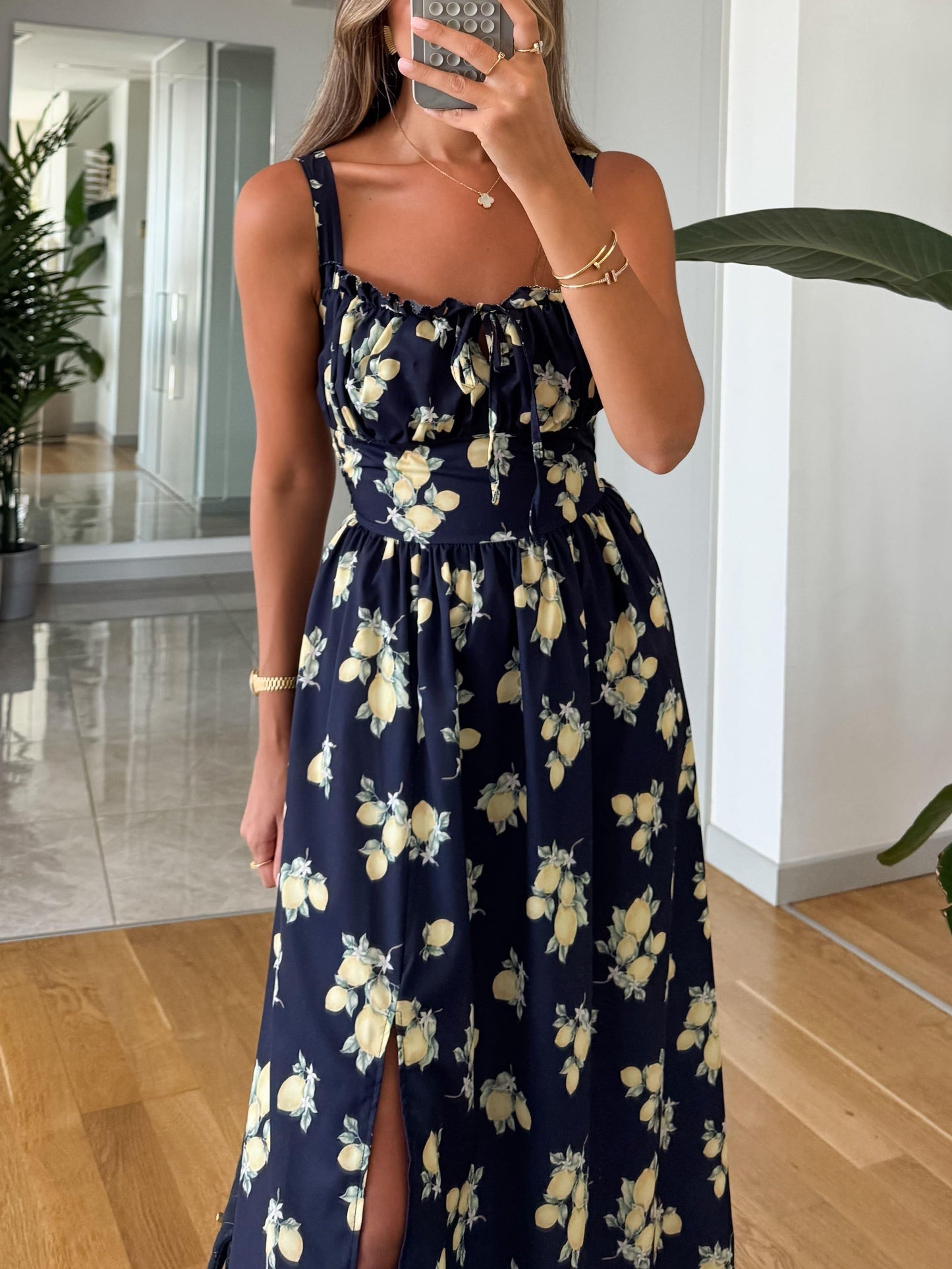 Elegant Navy Blue Printed Suspender Dress