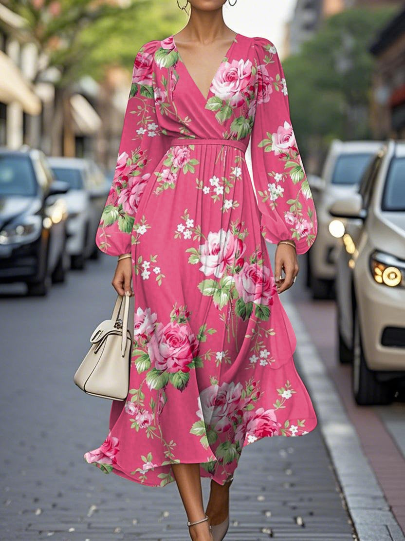 Elegant Floral V-neck Pleated Midi Dress