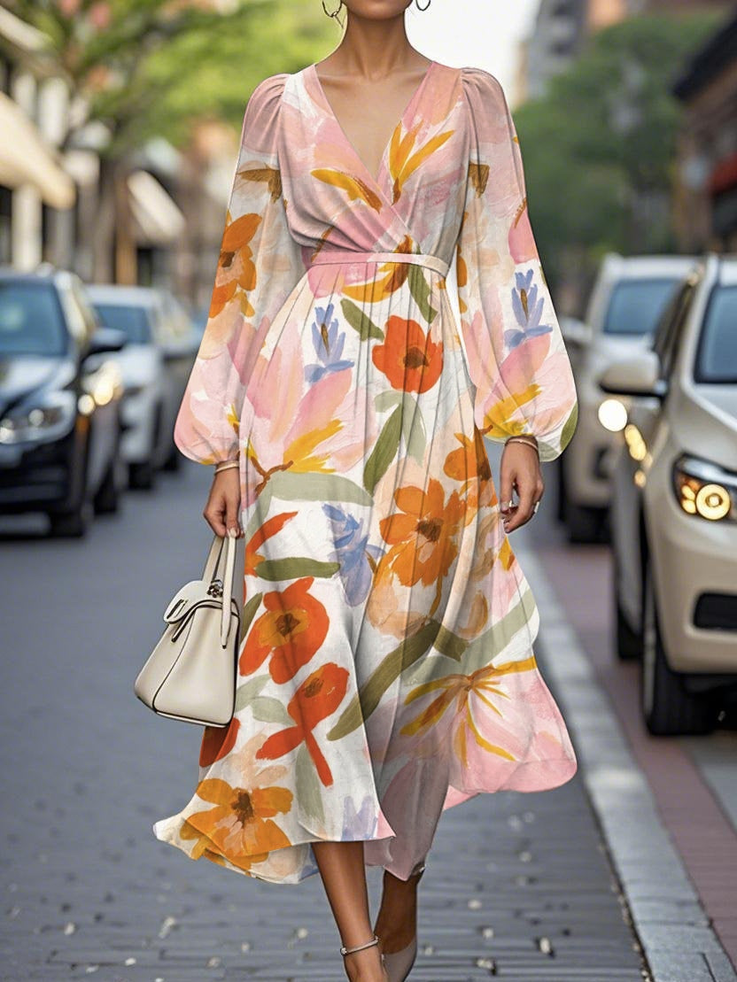 Elegant Floral V-neck Pleated Midi Dress
