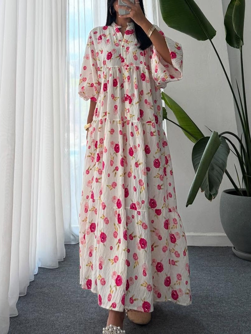 Floral Pattern V-Neck Lantern Sleeve Dress