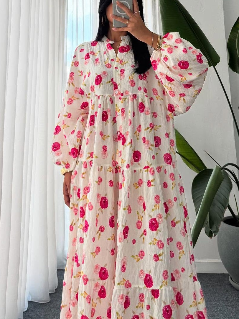 Floral Pattern V-Neck Lantern Sleeve Dress