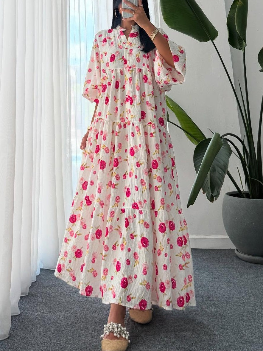 Floral Pattern V-Neck Lantern Sleeve Dress