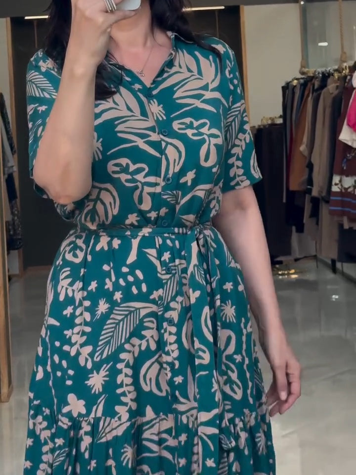 Dark Green Floral Pattern Shirt Dress