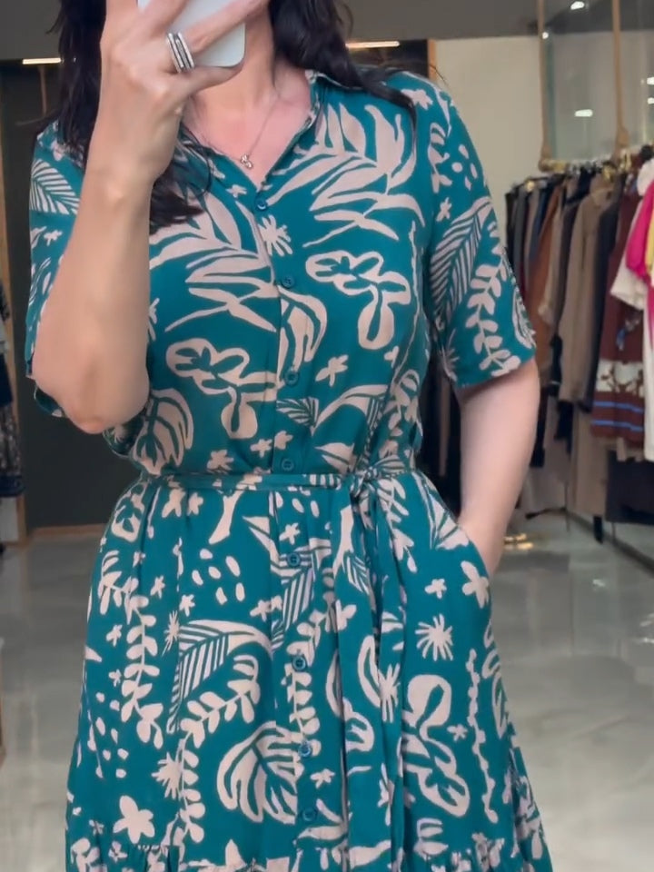 Dark Green Floral Pattern Shirt Dress
