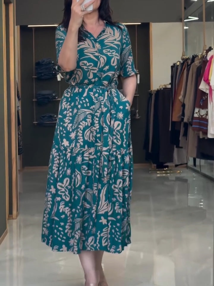 Dark Green Floral Pattern Shirt Dress