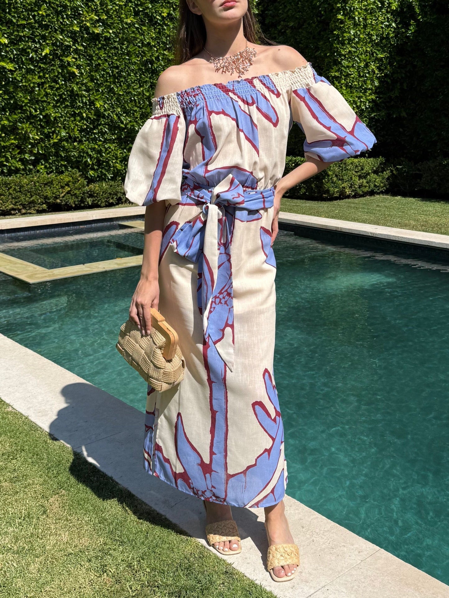 Botanical Print Off-The-Shoulder Tie-Waist Maxi Dress