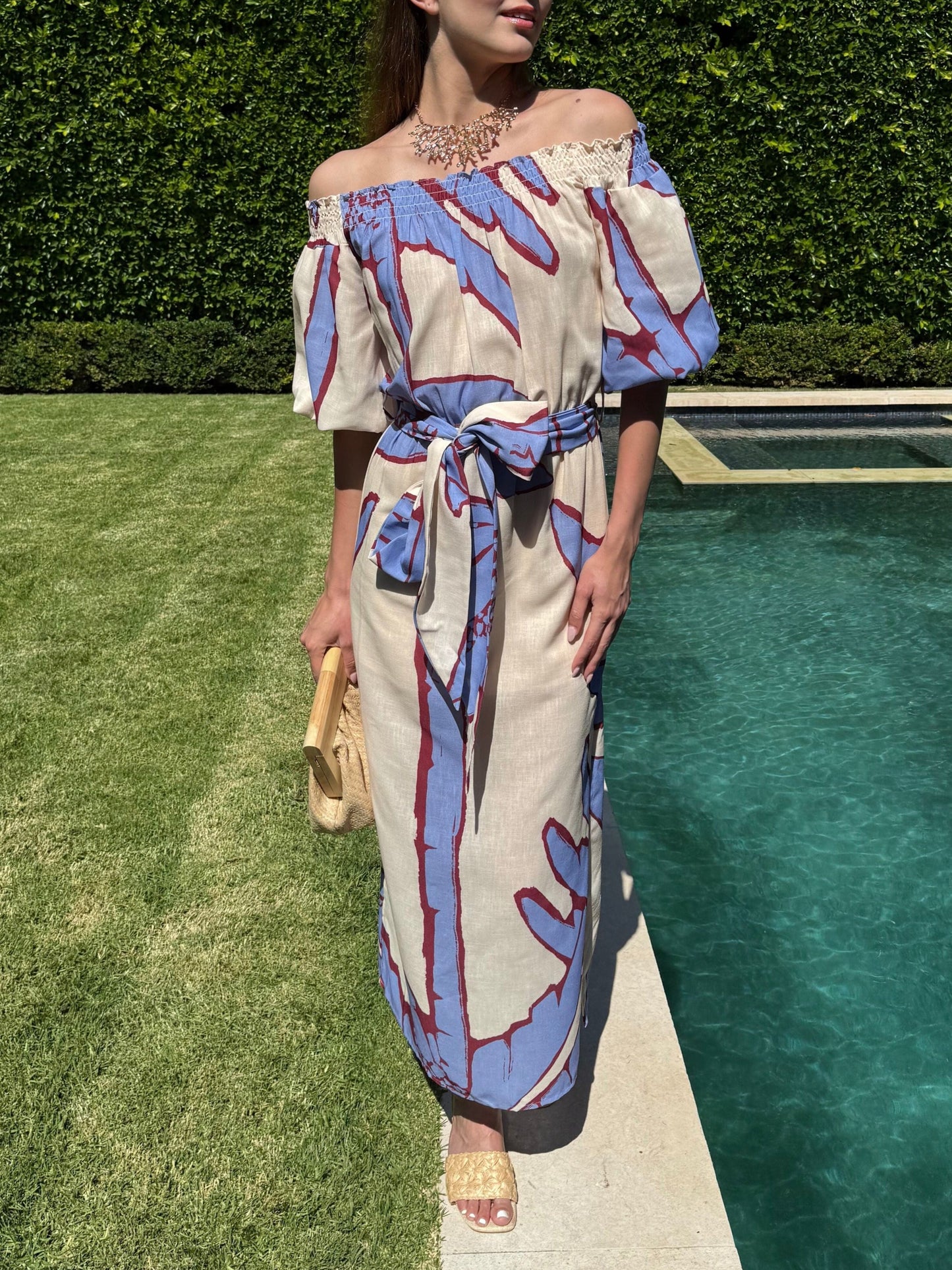 Botanical Print Off-The-Shoulder Tie-Waist Maxi Dress