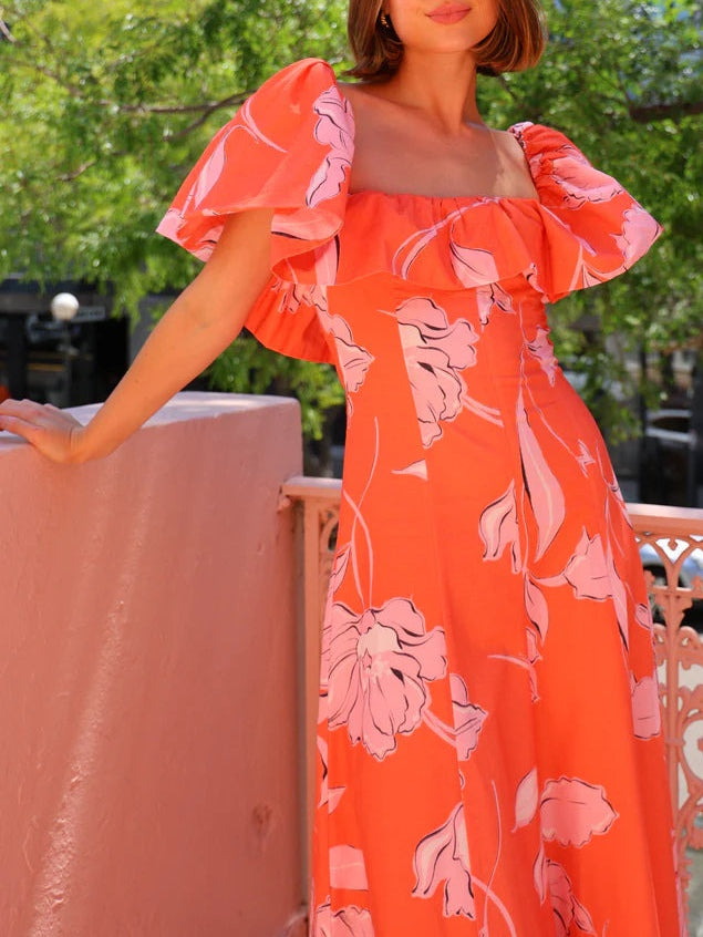 Orange Square Neck Floral Print Maxi Dress