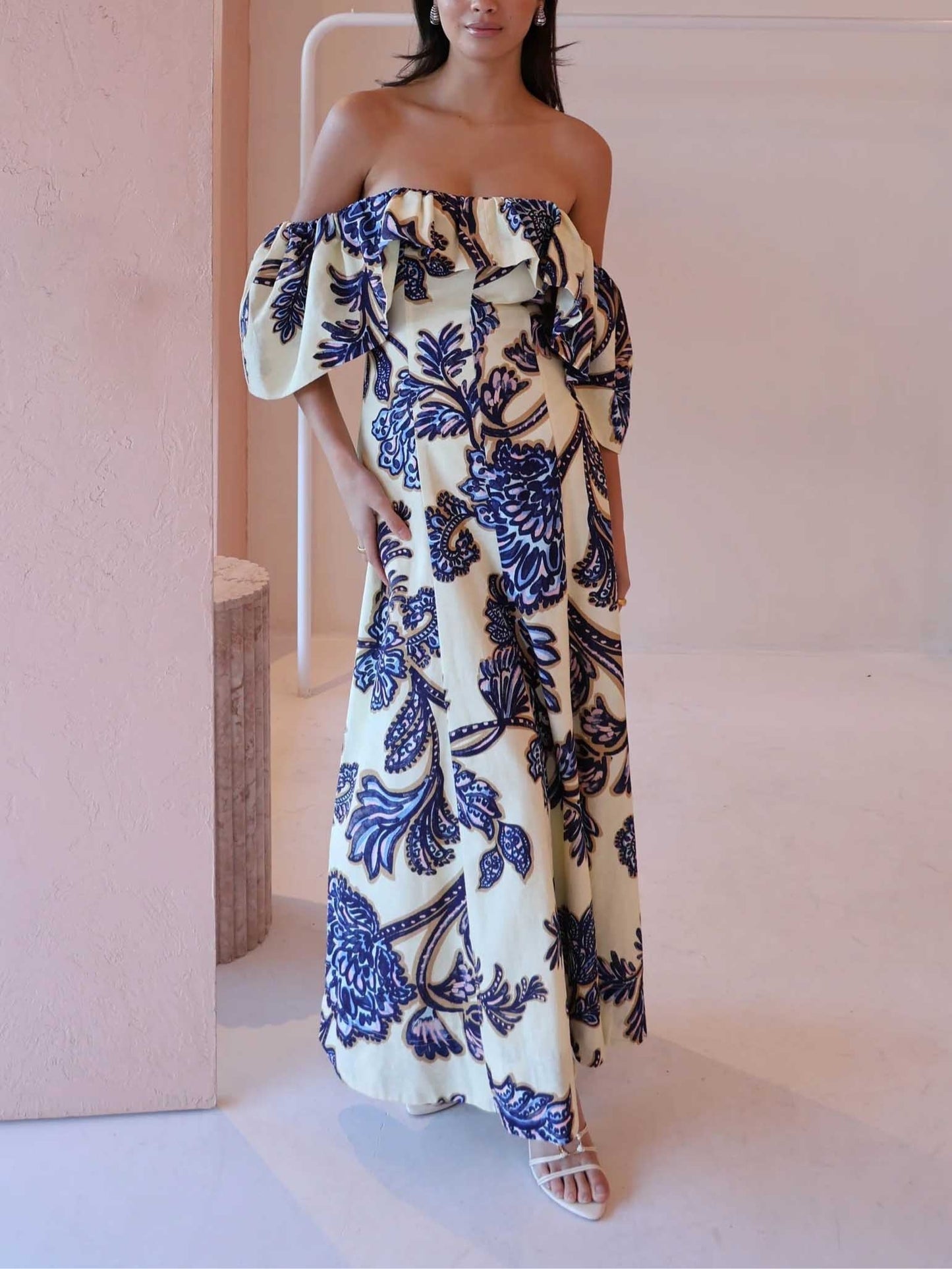 Blue Off-the-shoulder Paisley Print Maxi Dress