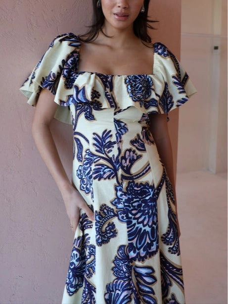 Blue Off-the-shoulder Paisley Print Maxi Dress