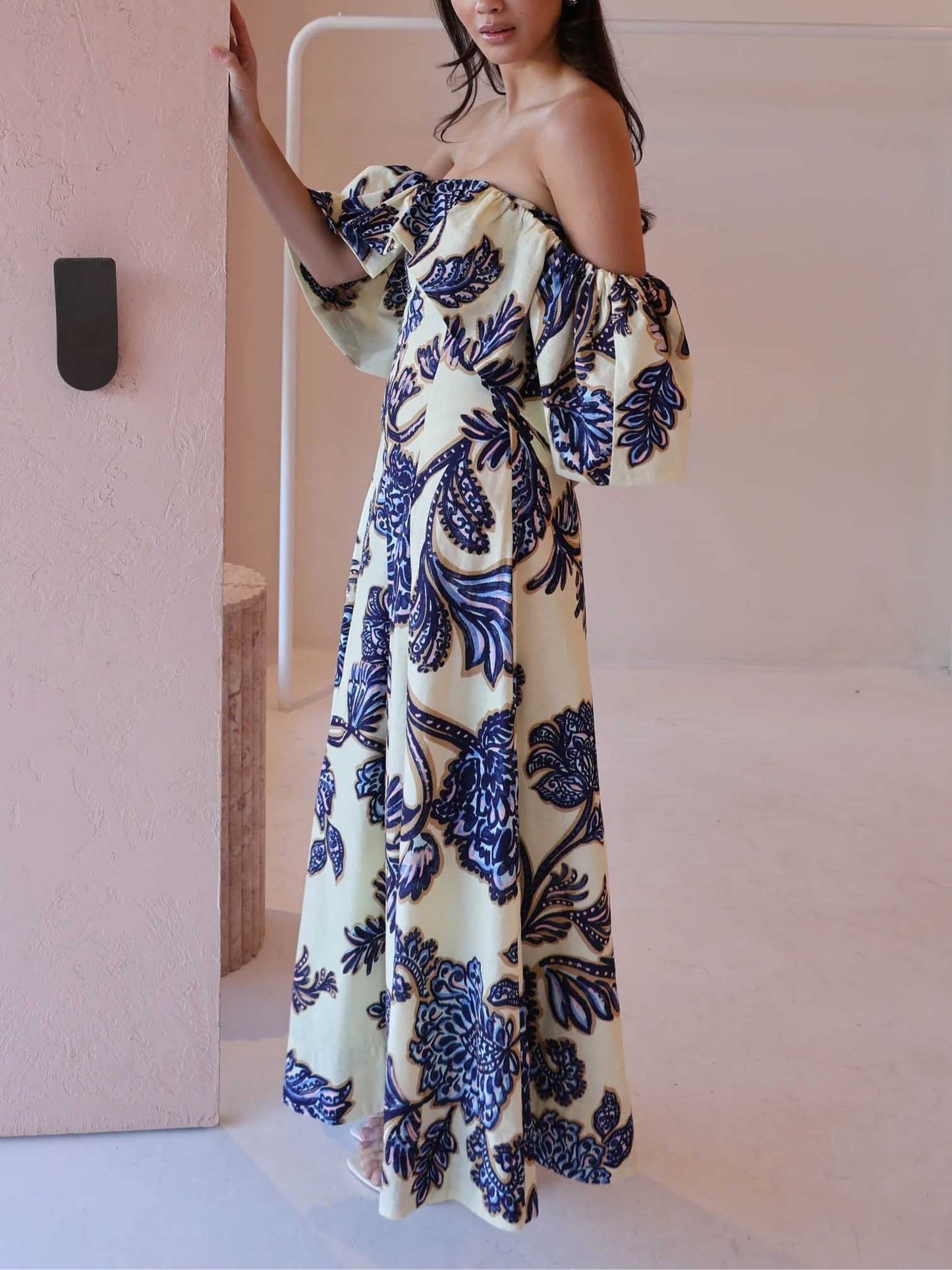Blue Off-the-shoulder Paisley Print Maxi Dress