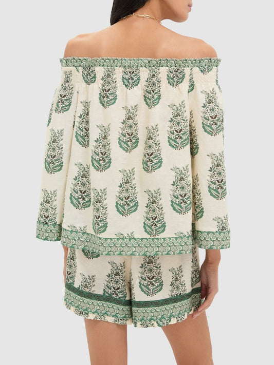 Botanical Print Off-the-shoulder Top and Shorts Set