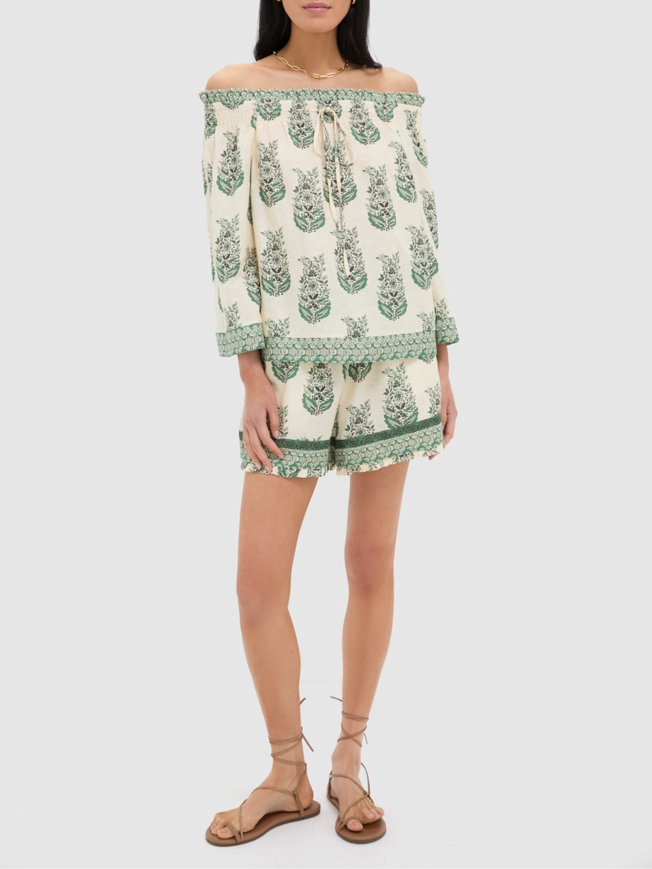 Botanical Print Off-the-shoulder Top and Shorts Set