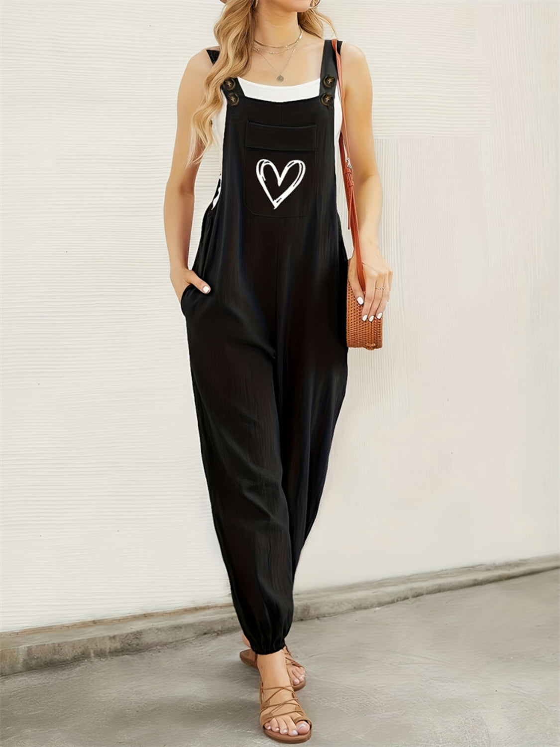 Heart Square Neck Wide Strap Overalls