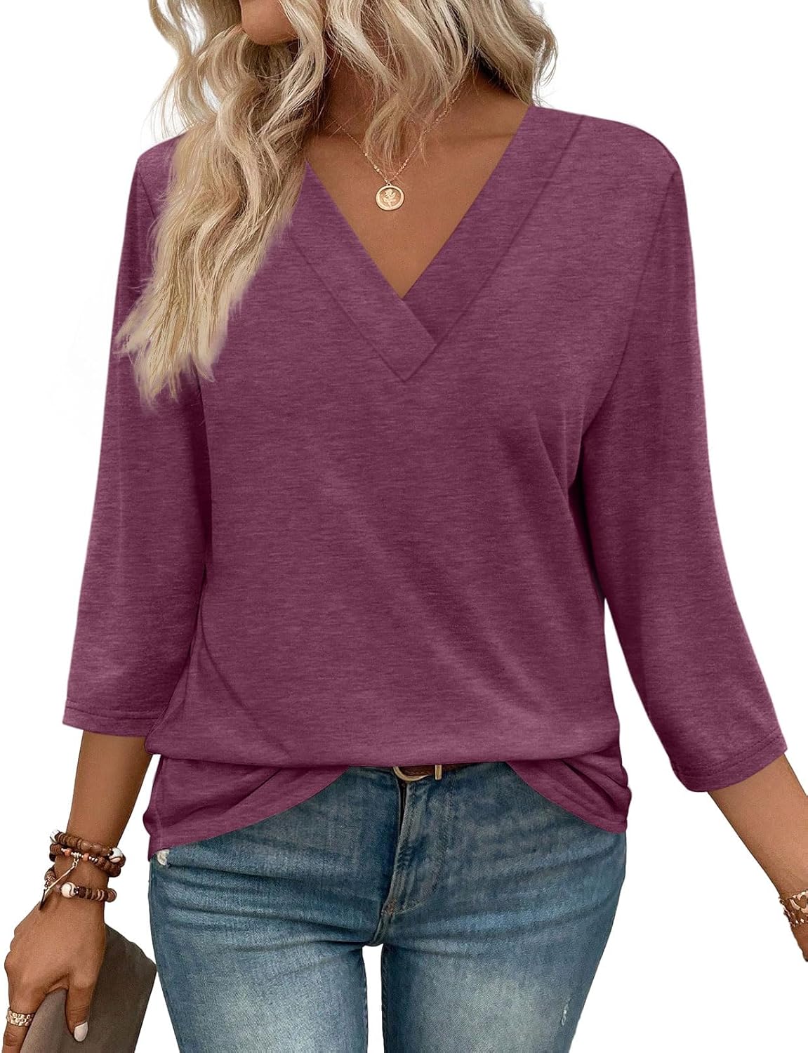 ⏰Hot Sale-Women's V Neck 3/4 Long Sleeve Tops Loose Fit Blouse (Buy 3 Free Shipping)