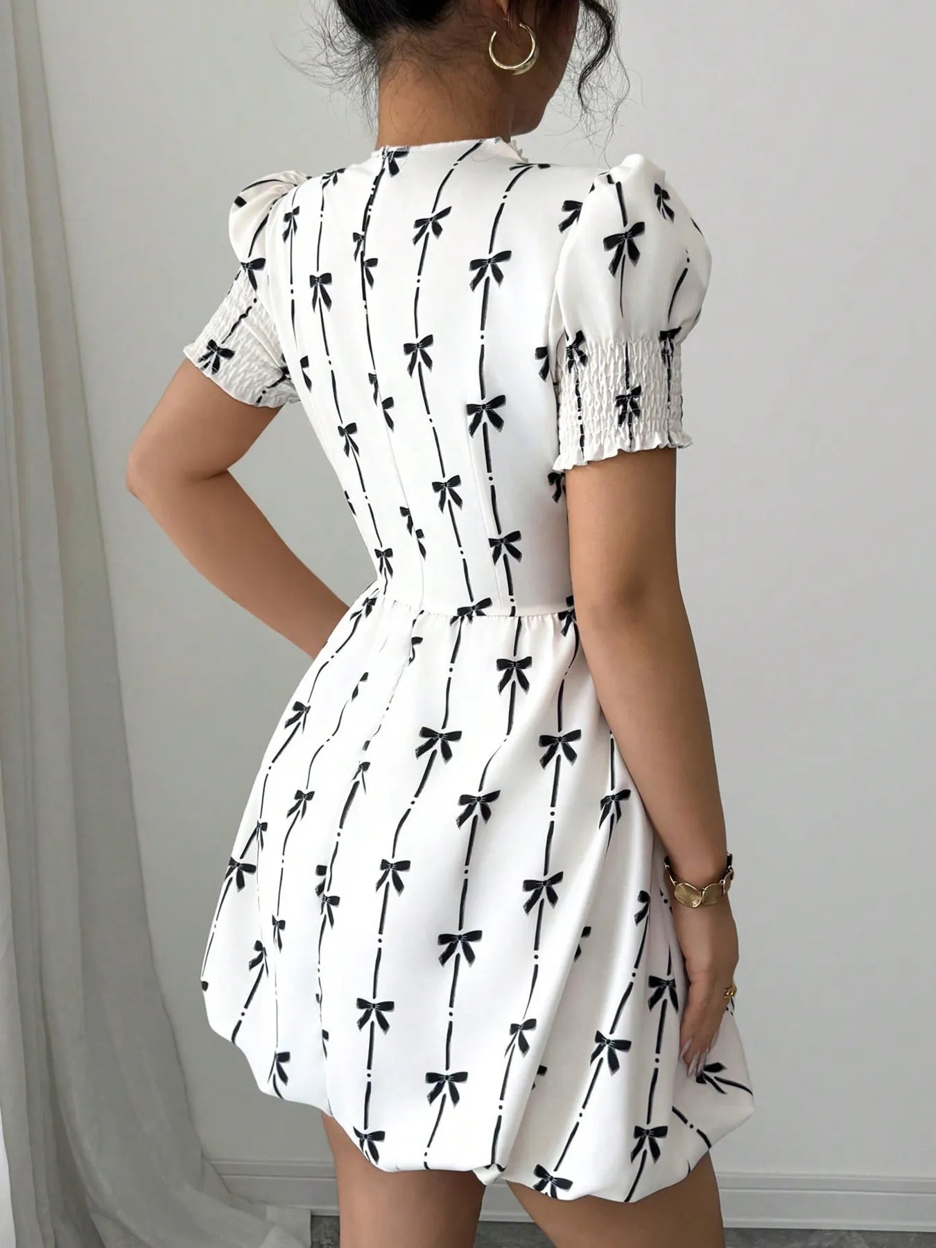 Smocked Bow Print Short Sleeve Dress – White Mini Dress with Black Bow Ties