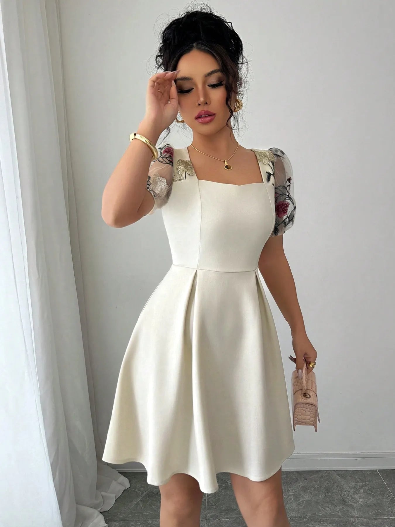 Ivory Square Neck Floral Sheer Sleeve Dress – Elegant Romantic Mini Dress for Women