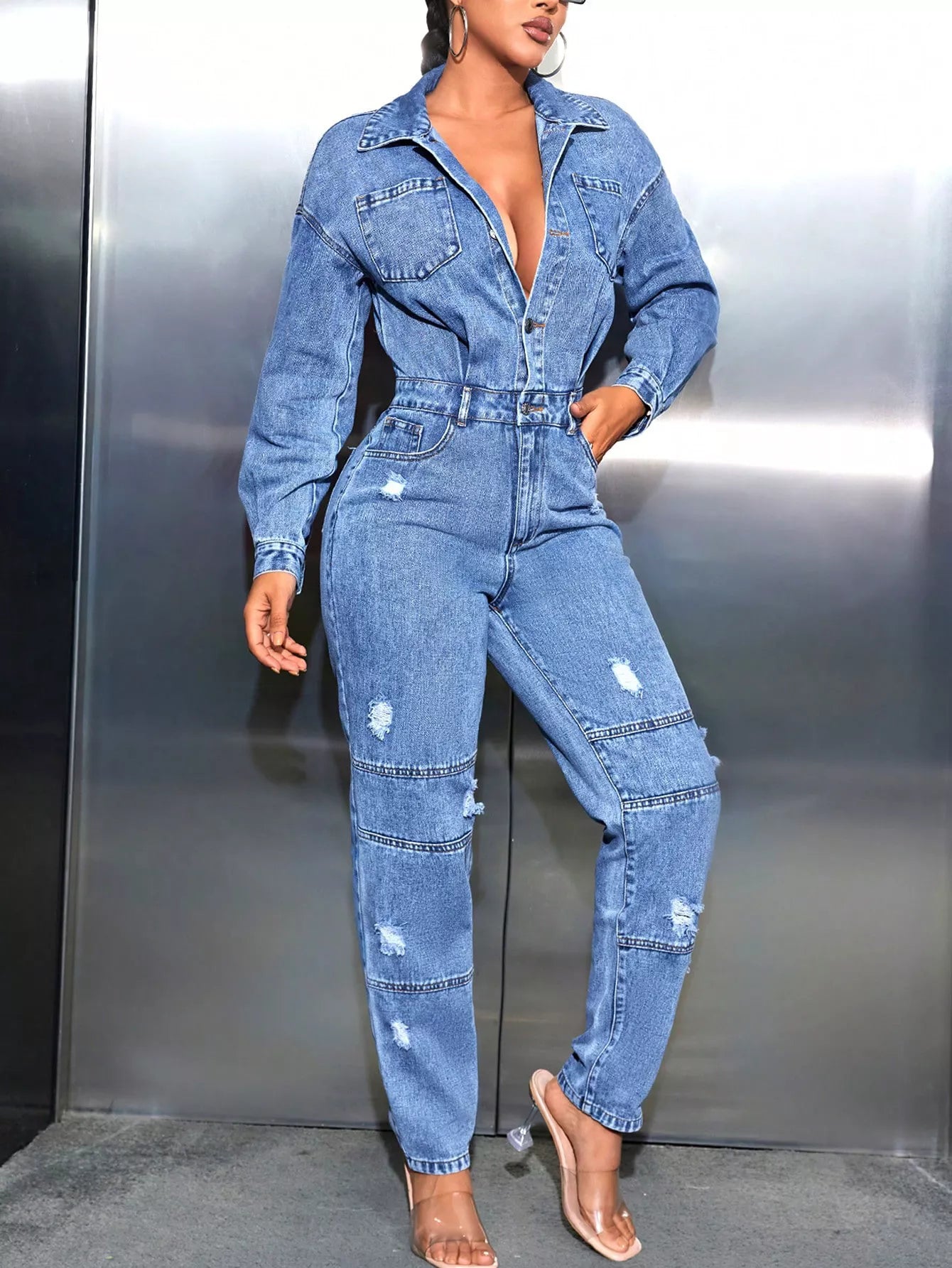 Women’s Distressed Long Sleeve Denim Jumpsuit – Casual Button-Down Utility One Piece