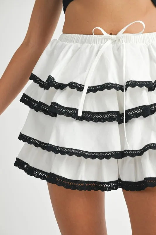 MABLE Poplin Ruffle Layered Contract Lace Trim Mini Skirt