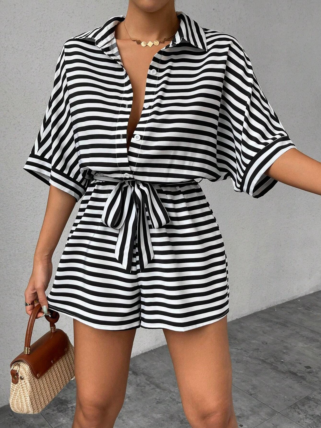 Striped Romper - Tie Waist