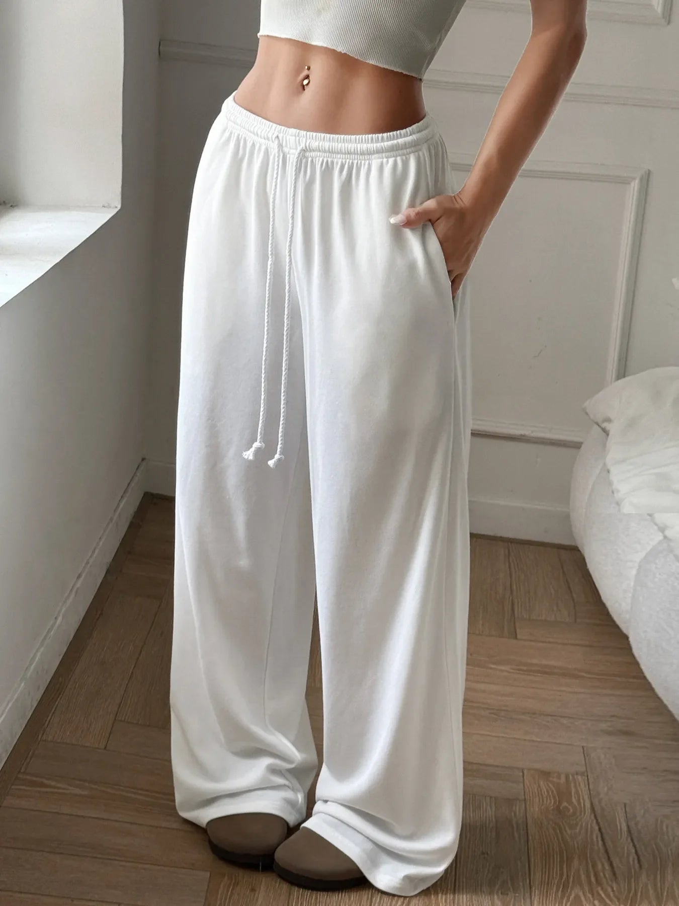 White Relaxed Wide Leg Drawstring Pants