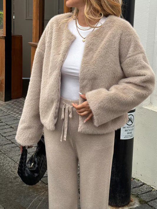 Open Front Dropped Shoulder Fuzzy Outerwear