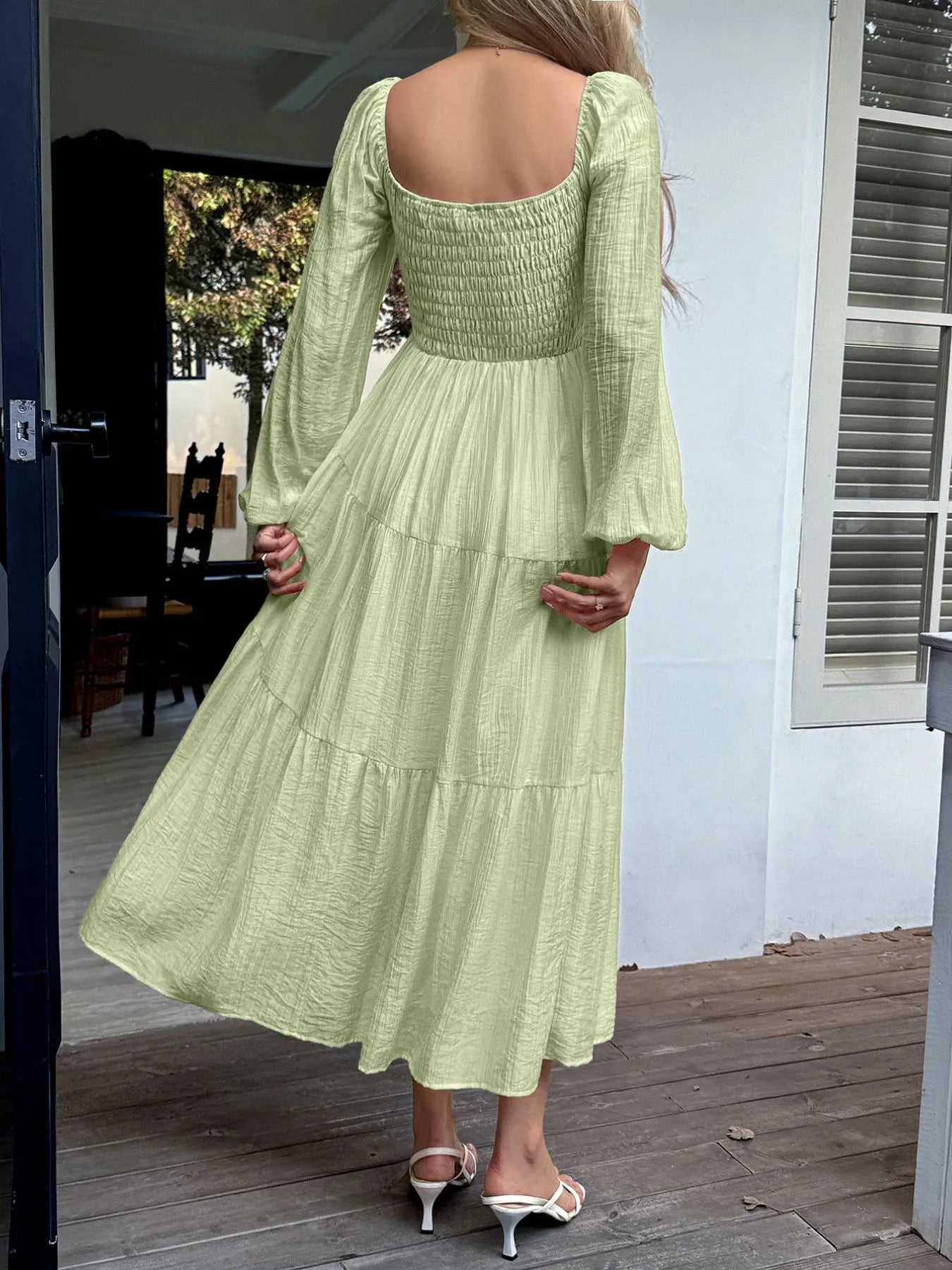 Tiered Balloon Sleeve Midi Dress – Elegant Long Sleeve Boho Dress for Women