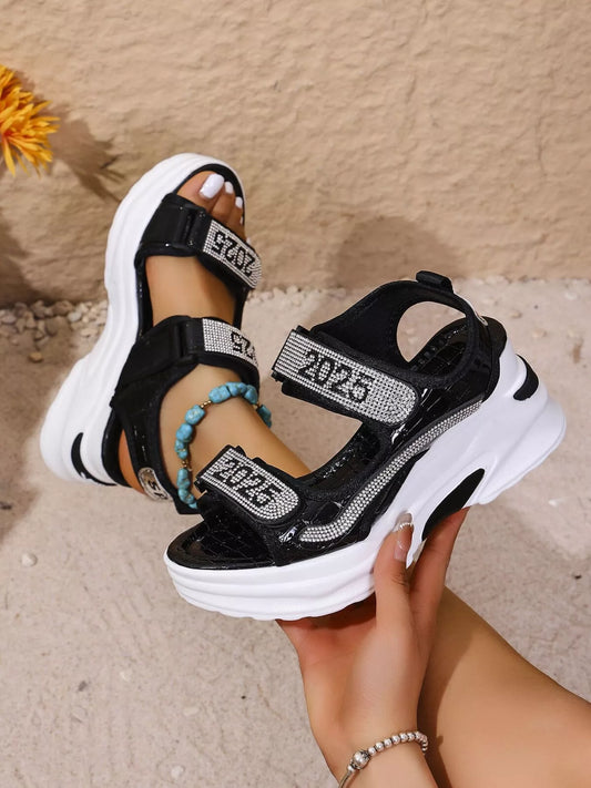 Women’s 2025 Rhinestone Platform Sandals – Sparkly Chunky Heel Slip-On Party Shoes