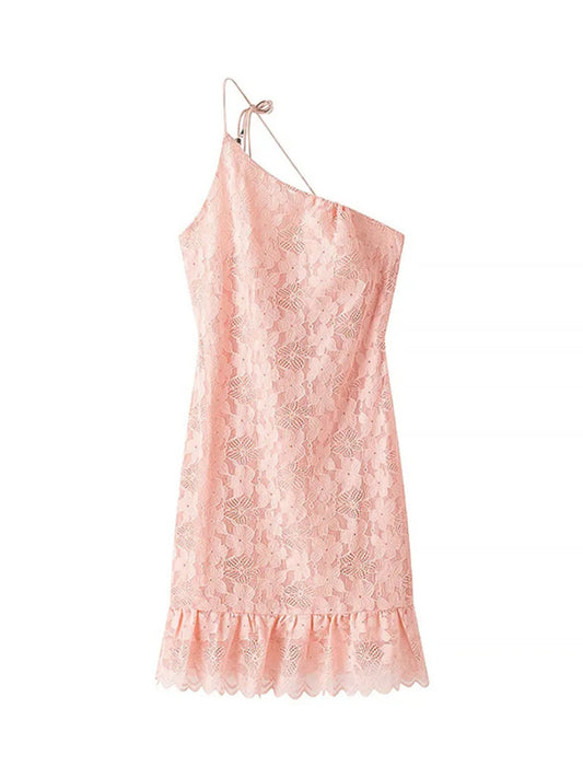 Pink Lace One Shoulder Mini Dress – Flirty Asymmetrical Party Dress for Women