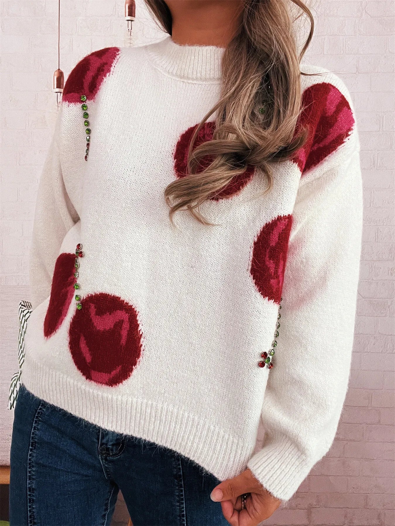 Women’s Contrast Cherry Round Neck Sweater – Cute Knit Pullover for Fall & Winter