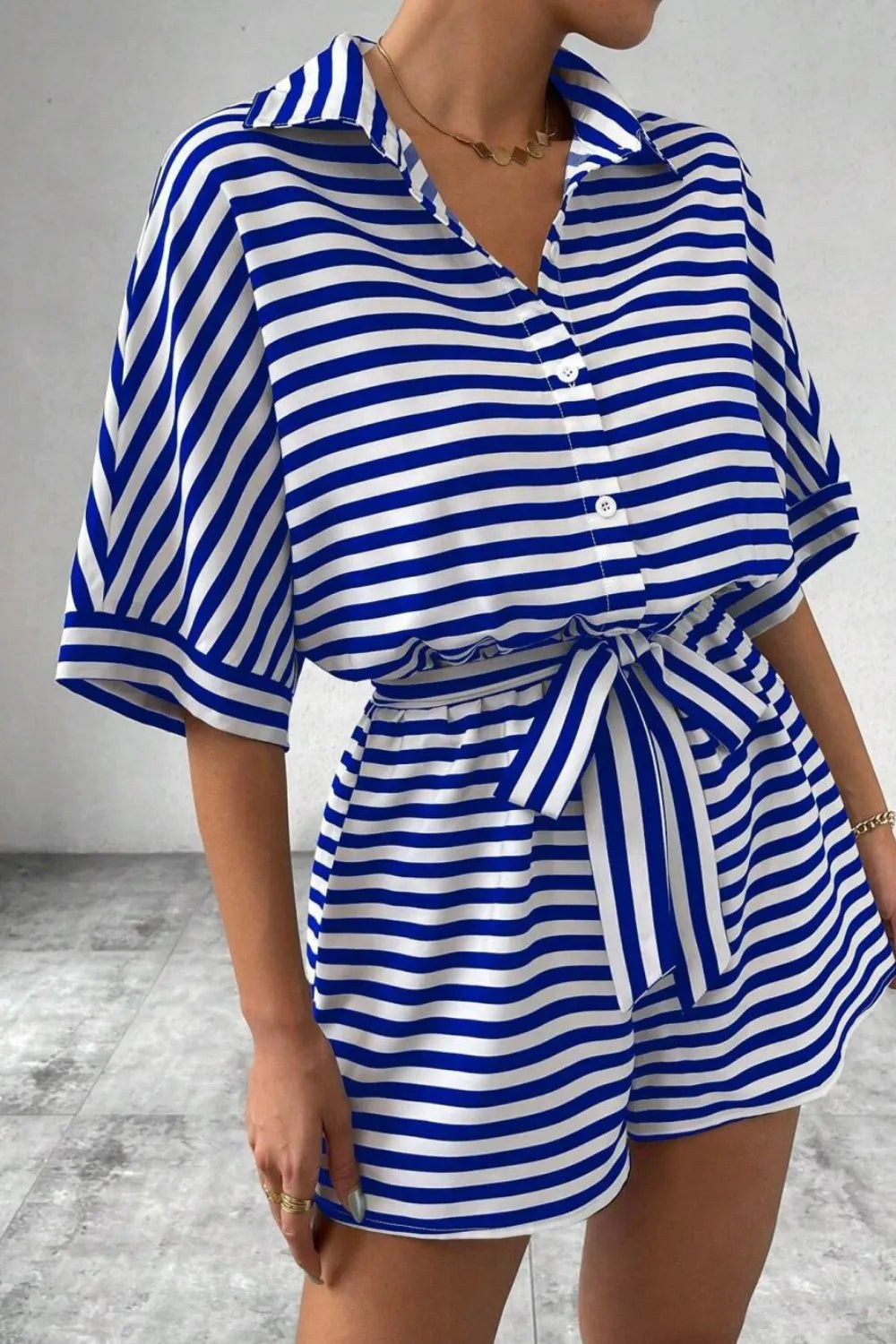 Striped Romper - Collared Tied Waist