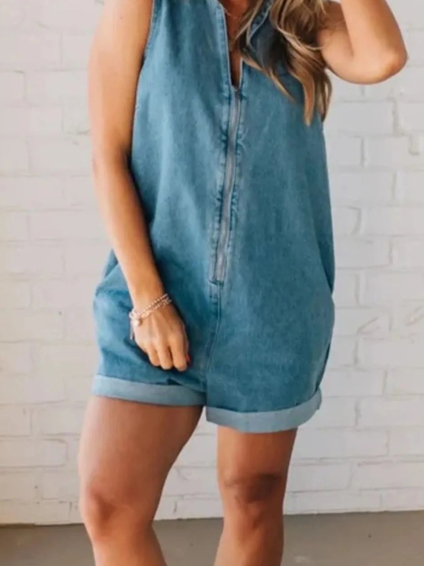 Zip Front Sleeveless Denim Romper